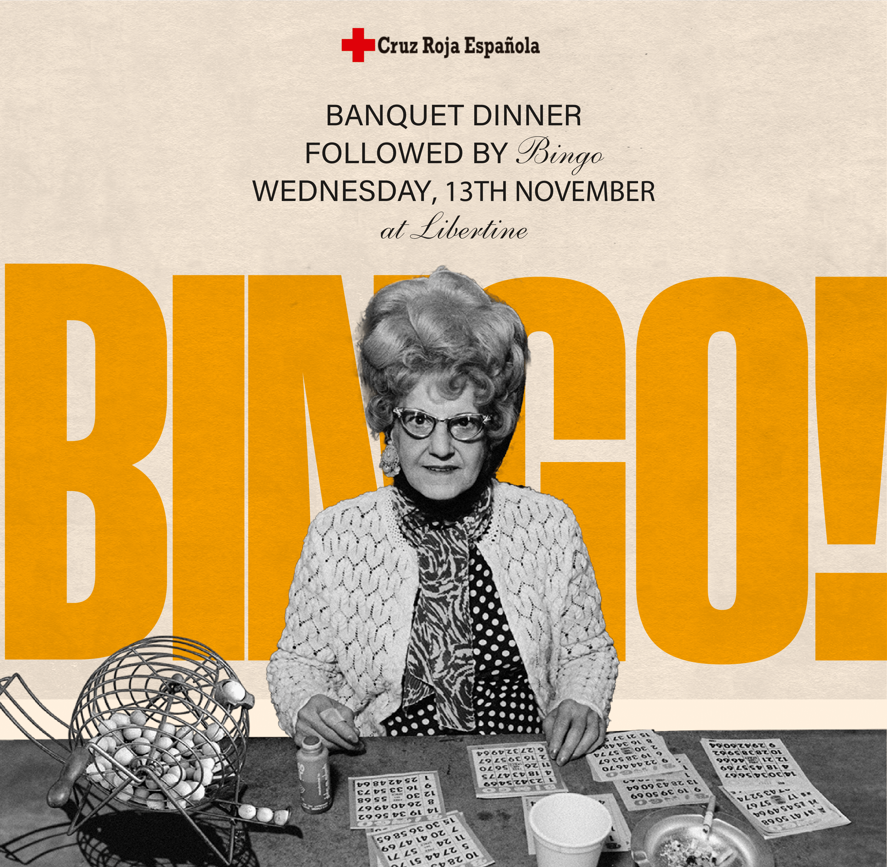 Poster of a senior lady sitting down to play bingo as promo for Casa Bonay Arrels Charity Bingo Dinner in Barcelona