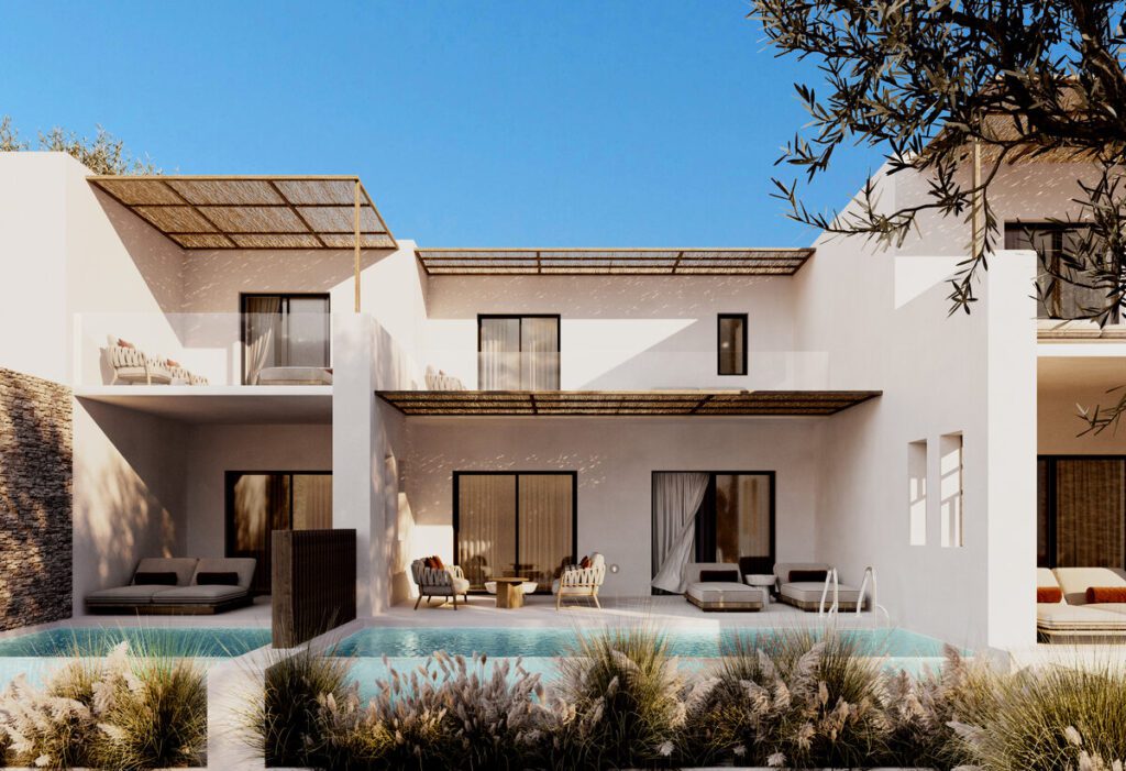 Exterior view of Vione Paros with private plunge pools, minimalist architecture, and natural landscaping.